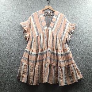 Lulus Striped Double V-Neck Tiered Mini Dress Dusty Orange‎ M